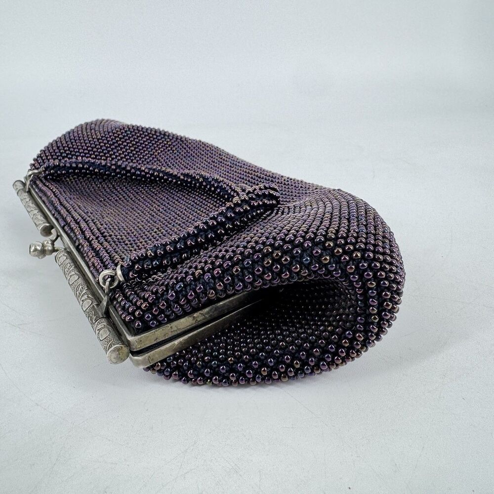 Vintage Purple Beaded Evening Bag Clutch Purse Silver Frame Kiss Lock 10” - Picture 6 of 11